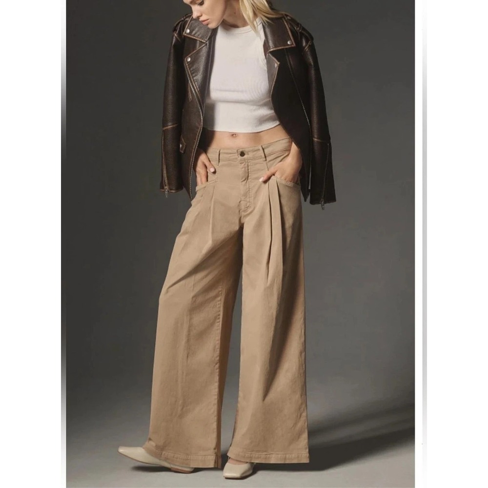 Maeve by Anthropologie Wide-Leg Pleated Pants in Khaki Tan Cotton Sz 4 Casual